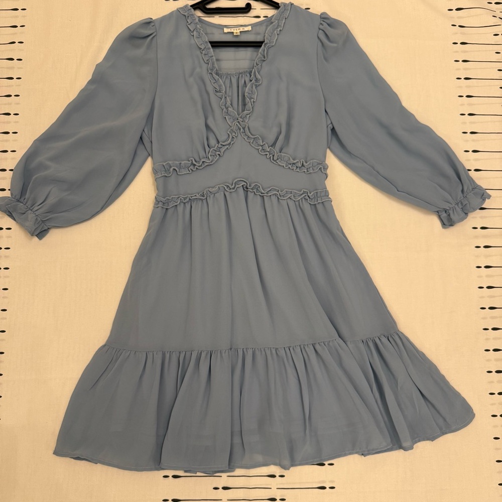 Dusty Blue Ruffle-Detail Long Sleeve Dress